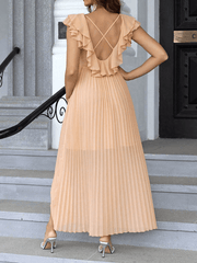 Inrosy longue robe mousseline fendu à volantée plissé dos nu v-cou sans manches femme élégant mode bal de promo