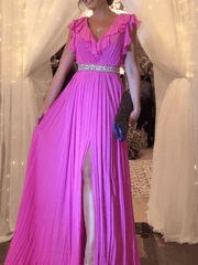 Inrosy longue robe mousseline fendu à volantée plissé dos nu v-cou sans manches femme élégant mode bal de promo