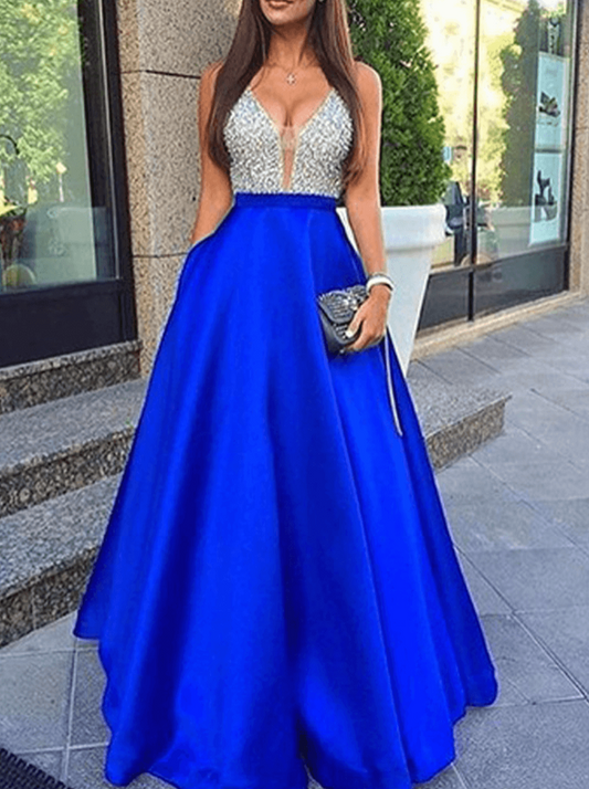 Inrosy robe longue brillante paillette décolleté plongeant fluide dos nu sans manches femme élégant mode de soirée