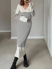 Inrosy pull robe longue moulante rayé v-cou manches longues élégant mode décontracté