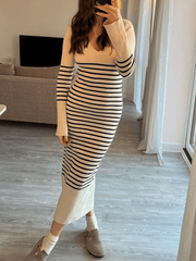 Inrosy pull robe longue moulante rayé v-cou manches longues élégant mode décontracté