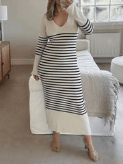 Inrosy pull robe longue moulante rayé v-cou manches longues élégant mode décontracté