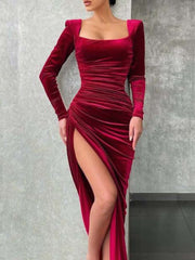 Inrosy robe longue fendu le côté fluide col carré manches longues élégant mode de soirée