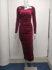 Inrosy robe longue fendu le côté fluide col carré manches longues élégant mode de soirée