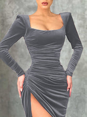 Inrosy robe longue fendu le côté fluide col carré manches longues élégant mode de soirée