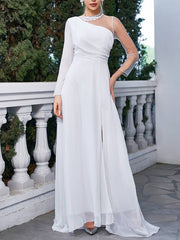 Inrosy robe longue une épaule col rond fendu le côté manches longues élégant mode de soirée cérémonie