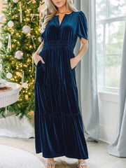 Inrosy robe longue avec velours à volantée v-cou manches courtes élégant mode décontracté de soirée noël