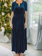 Inrosy robe longue avec velours à volantée v-cou manches courtes élégant mode décontracté de soirée noël