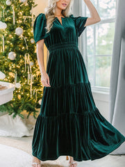 Inrosy robe longue avec velours à volantée v-cou manches courtes élégant mode décontracté de soirée noël