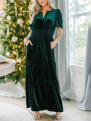 Inrosy robe longue avec velours à volantée v-cou manches courtes élégant mode décontracté de soirée noël