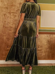 Inrosy robe longue avec velours à volantée v-cou manches courtes élégant mode décontracté de soirée noël