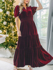 Inrosy robe longue avec velours à volantée v-cou manches courtes élégant mode décontracté de soirée noël