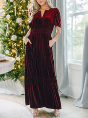 Inrosy robe longue avec velours à volantée v-cou manches courtes élégant mode décontracté de soirée noël