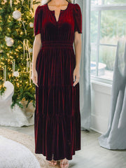 Inrosy robe longue avec velours à volantée v-cou manches courtes élégant mode décontracté de soirée noël