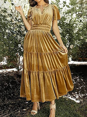 Inrosy robe longue avec velours à volantée v-cou manches courtes élégant mode décontracté de soirée noël