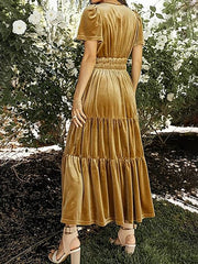 Inrosy robe longue avec velours à volantée v-cou manches courtes élégant mode décontracté de soirée noël