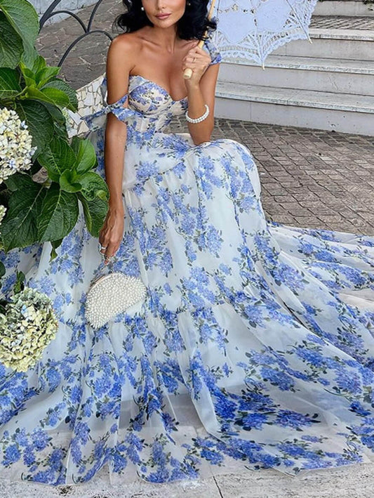 Inrosy robe longue imprimé à fleurie mousseline noeud papillon bustier sans manches élégant vintage de soirée promo