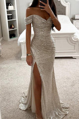 Inrosy longue robe bustier brillante paillette fendu le côté sirene col bateau sans manches élégant de soirée cérémonie