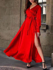 Inrosy robe longue mousseline fendu le côté ceinture v-cou manches bishop manches longues élégant boho de soirée bal de promo