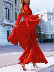 Inrosy robe longue mousseline fendu le côté ceinture v-cou manches bishop manches longues élégant boho de soirée bal de promo