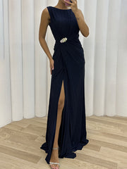 Inrosy longue robe fendu le côté fluide col rond sans manches femme élégant de soirée bal de promo