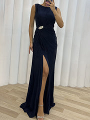 Inrosy longue robe fendu le côté fluide col rond sans manches femme élégant de soirée bal de promo