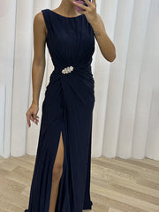 Inrosy longue robe fendu le côté fluide col rond sans manches femme élégant de soirée bal de promo