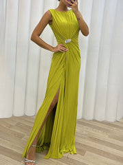 Inrosy longue robe fendu le côté fluide col rond sans manches femme élégant de soirée bal de promo