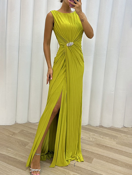 Inrosy longue robe fendu le côté fluide col rond sans manches femme élégant de soirée bal de promo