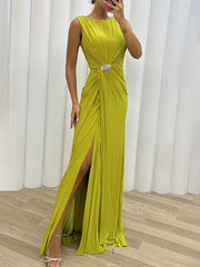 Inrosy longue robe fendu le côté fluide col rond sans manches femme élégant de soirée bal de promo