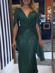 Inrosy longue robe brillante paillette v-cou nœud manches fendues manches longues femme mode ample de soirée cérémonie