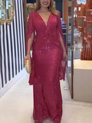 Inrosy longue robe brillante paillette v-cou nœud manches fendues manches longues femme mode ample de soirée cérémonie