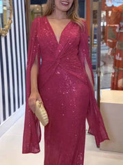 Inrosy longue robe brillante paillette v-cou nœud manches fendues manches longues femme mode ample de soirée cérémonie