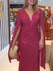 Inrosy longue robe brillante paillette v-cou nœud manches fendues manches longues femme mode ample de soirée cérémonie