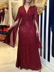 Inrosy longue robe brillante paillette v-cou nœud manches fendues manches longues femme mode ample de soirée cérémonie