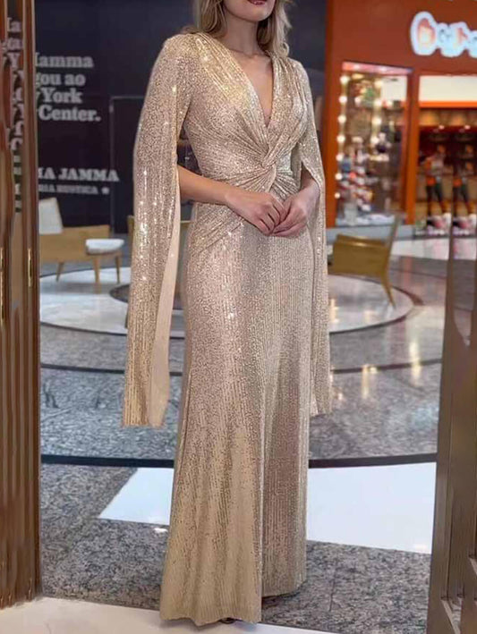 Inrosy longue robe brillante paillette v-cou nœud manches fendues manches longues femme mode ample de soirée cérémonie