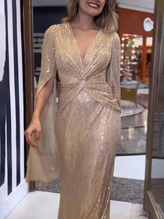 Inrosy longue robe brillante paillette v-cou nœud manches fendues manches longues femme mode ample de soirée cérémonie