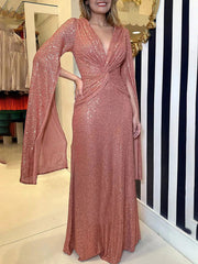 Inrosy longue robe brillante paillette v-cou nœud manches fendues manches longues femme mode ample de soirée cérémonie