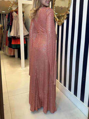 Inrosy longue robe brillante paillette v-cou nœud manches fendues manches longues femme mode ample de soirée cérémonie