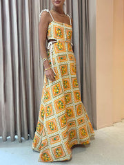 Inrosy robe longue imprimé citron découpes coulisse taille bustier à fines brides dos nu sans manches femme lâche décontracté de plage