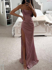 Inrosy robe longue moulante fendu le côté bustier à fines brides sans manches élégant mode femme de soirée