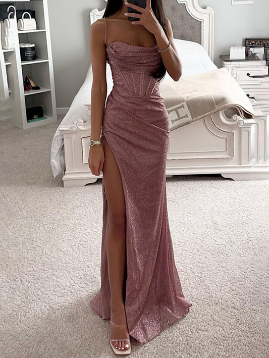 Inrosy robe longue moulante fendu le côté bustier à fines brides sans manches élégant mode femme de soirée