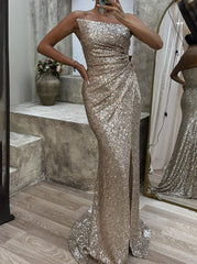 Inrosy robe longue moulante brillante paillette fendu le côté bustier sans manches élégant femme mode bal de promo