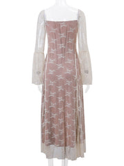 Inrosy robe longue moulante dentelle bustier col carré manches évasées manches longues femme élégant vintage bal de promo style palais