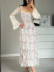 Inrosy robe longue moulante dentelle bustier col carré manches évasées manches longues femme élégant vintage bal de promo style palais