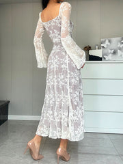 Inrosy robe longue moulante dentelle bustier col carré manches évasées manches longues femme élégant vintage bal de promo style palais