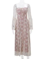 Inrosy robe longue moulante dentelle bustier col carré manches évasées manches longues femme élégant vintage bal de promo style palais