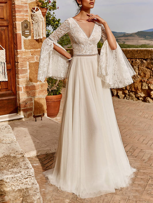 Inrosy robe longue v-cou dentelle tulle décolleté dos manches évasées fendues manches longues élégant de soirée pour mariage