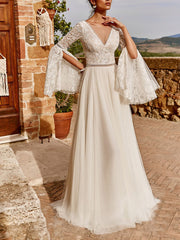 Inrosy robe longue v-cou dentelle tulle décolleté dos manches évasées fendues manches longues élégant de soirée pour mariage