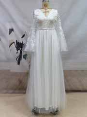 Inrosy robe longue v-cou dentelle tulle décolleté dos manches évasées fendues manches longues élégant de soirée pour mariage